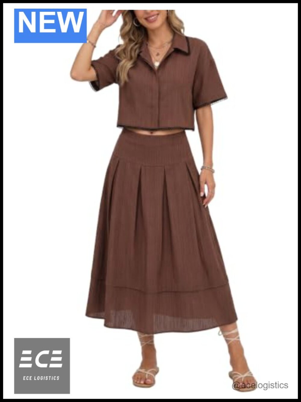 Women's 2 Piece Skirt Set Button Down Crop Top Maxi Pleated Skirt